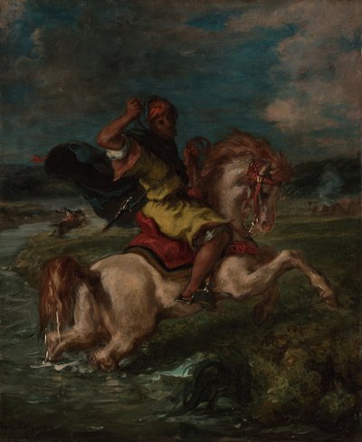 Marokkaanse ruiter die een doorwaadbare plaats oversteekt door Ferdinand Victor Eugene Delacroix